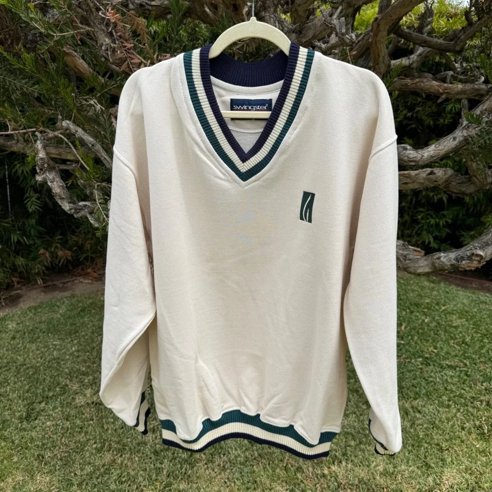 Swingster Vintage Mens‎ V-Neck Sweatshirt Cream Collegiate Striped Large USA